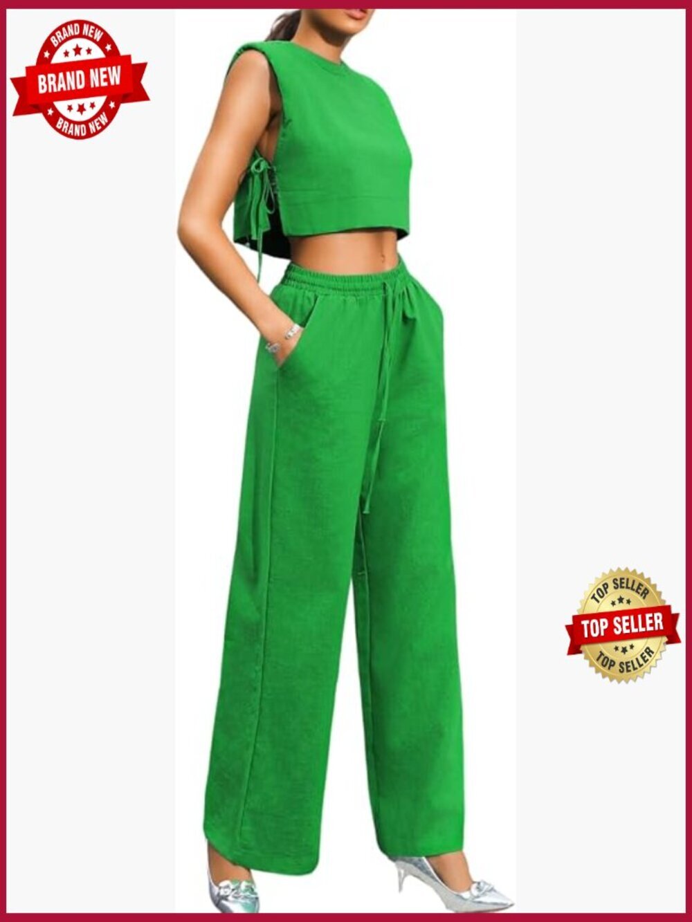 Casual Linen Two Piece Set, Drawstring Wide Leg Pants & Crop Top, Summer Outfit